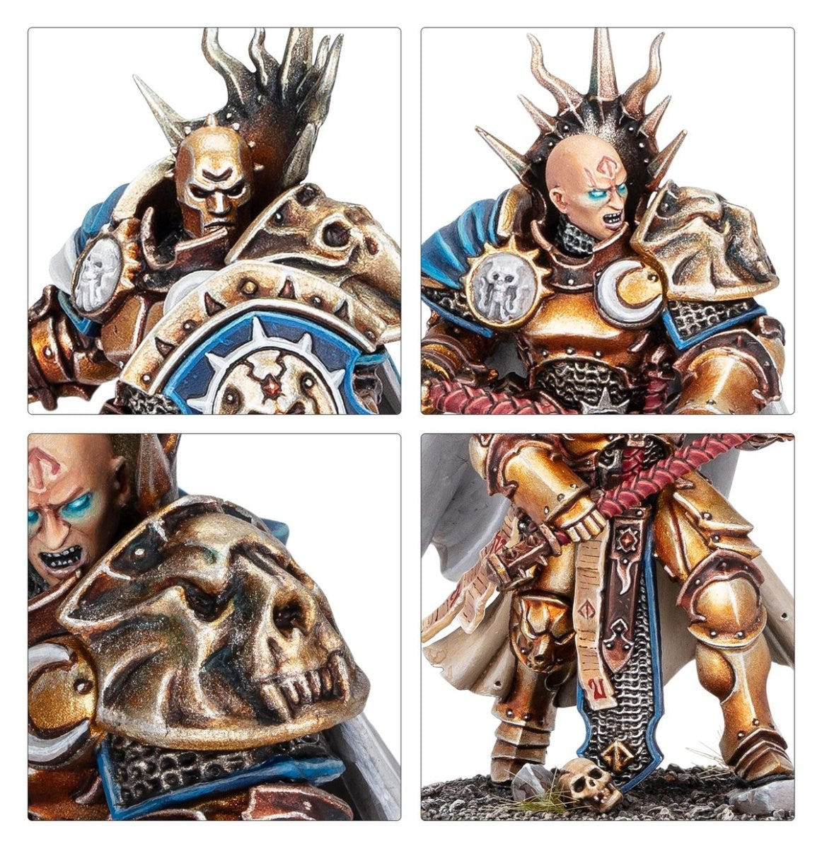 Close-ups of painted Reclusian armour, spiked hair, skull pauldron and weapon grip