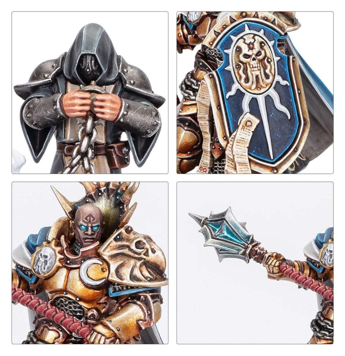 Close-ups of a chained hooded Memorian, Reclusian shield, bare head and flanged mace