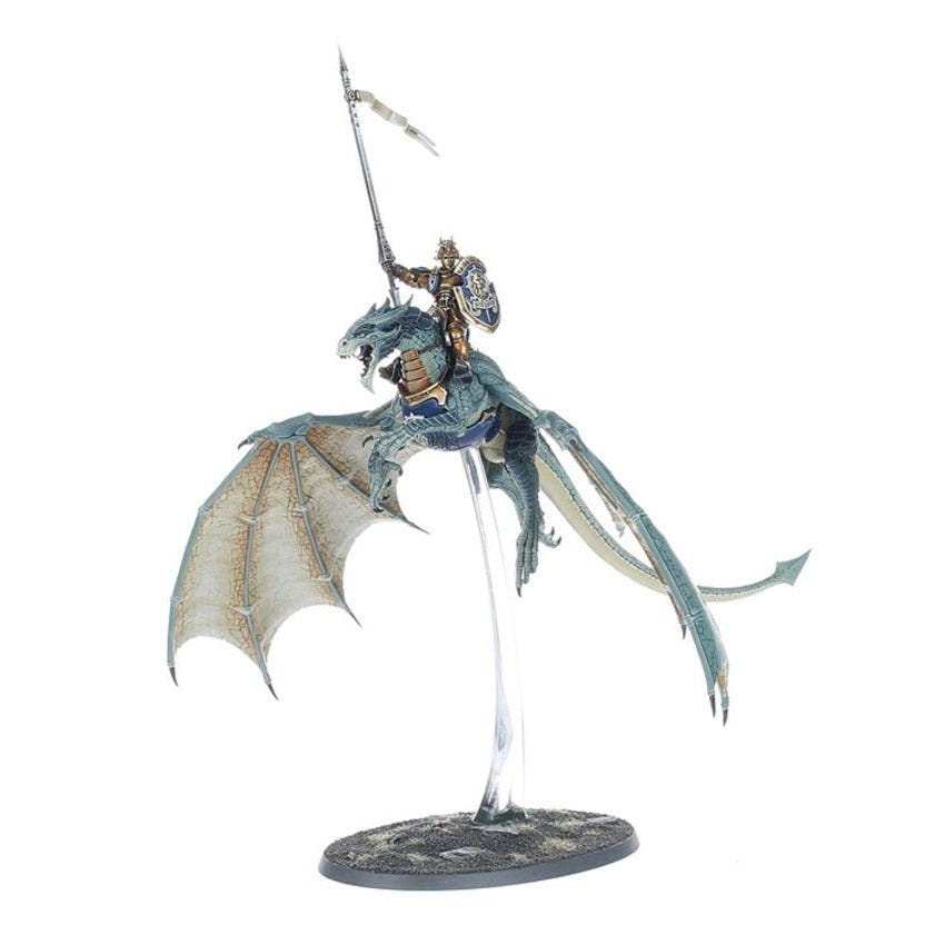Painted Stormdrake Guard with banner on a green drake, front three-quarter view