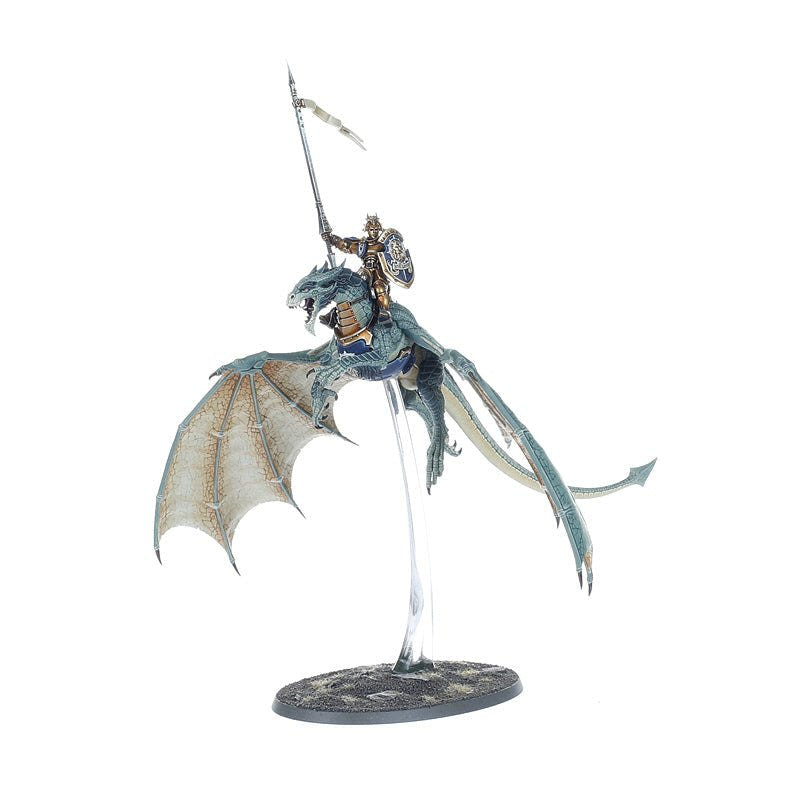 Painted Stormdrake Guard with banner on a green drake, side view on a flying stand