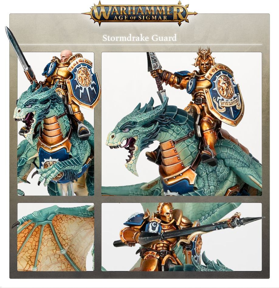 Close-up panels of painted Stormdrake Guard riders, drake head, wing membrane and lance