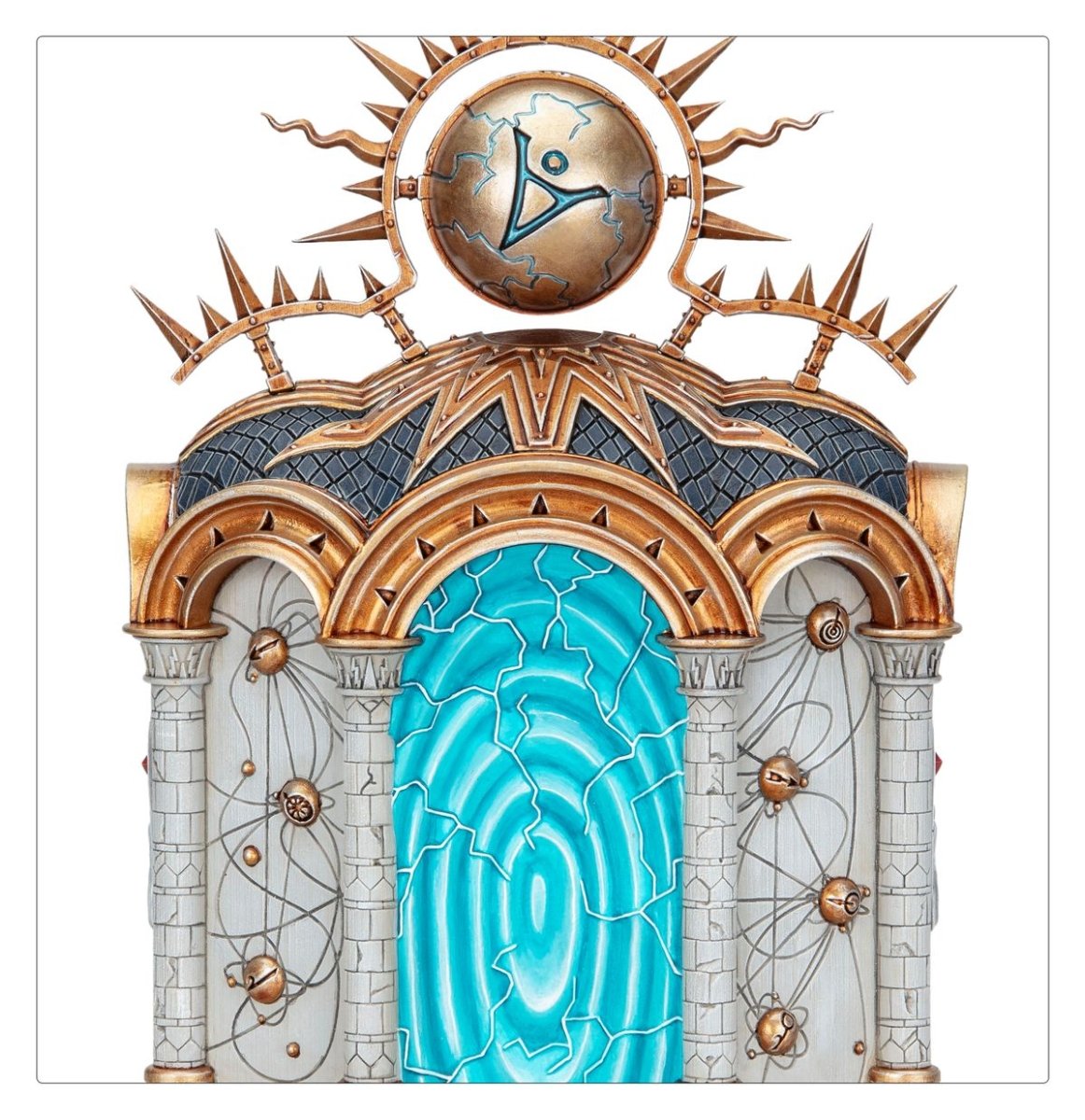 Close-up of the Stormreach Portal front arch with swirling blue aetherlight and gold orb crown