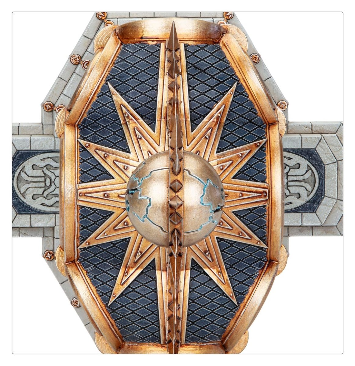 Top-down close-up of the Stormreach Portal roof with a gold star and orb on blue tiles