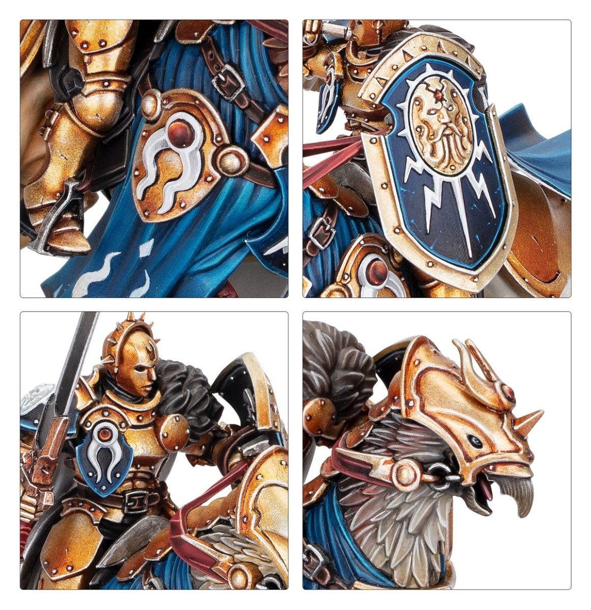 Close-ups of Stormstrike Palladors helmeted rider, shield and gryph-charger head