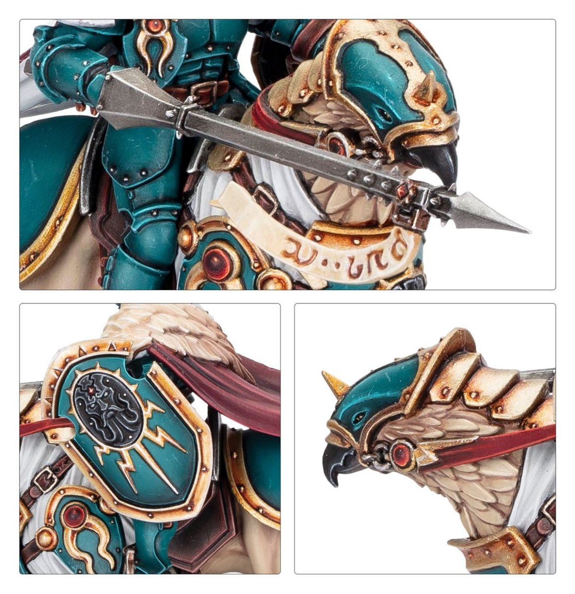 Close-ups of a green-armoured Pallador lance, shield and gryph-charger