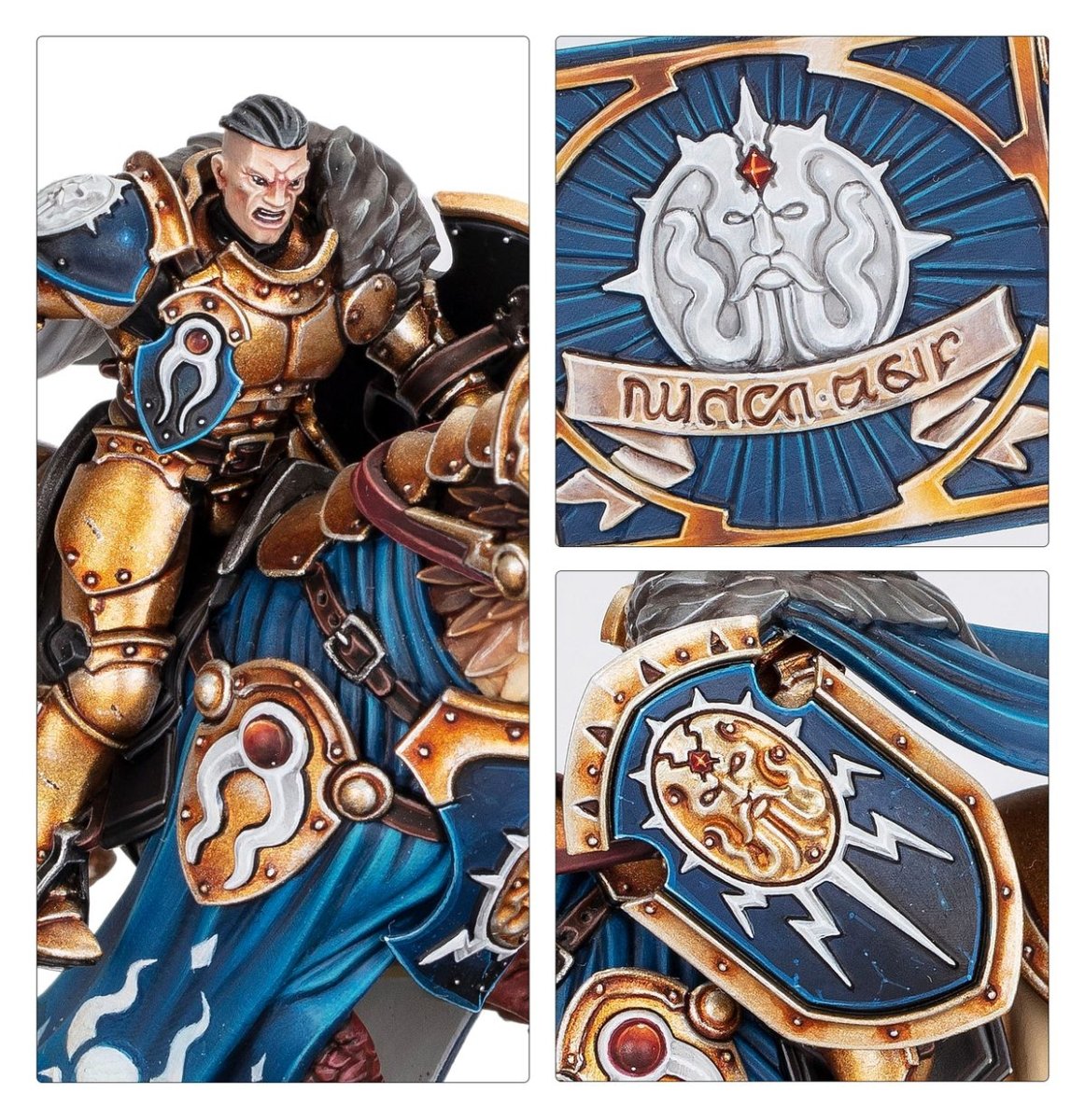 Close-ups of painted Stormstrike Pallador face, banner icon and lightning shield