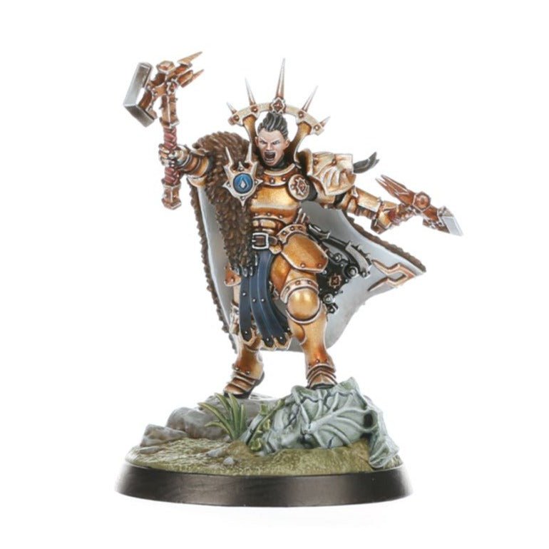 Painted Blacktalons leader in gold armour with hammer and axe, front view