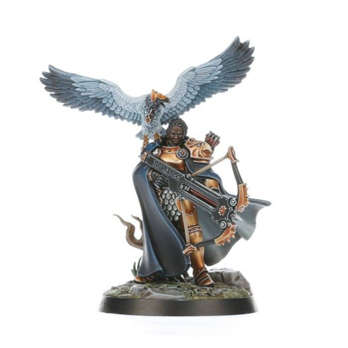 Painted Blacktalons crossbowman in blue cloak with a gryph-hawk perched overhead