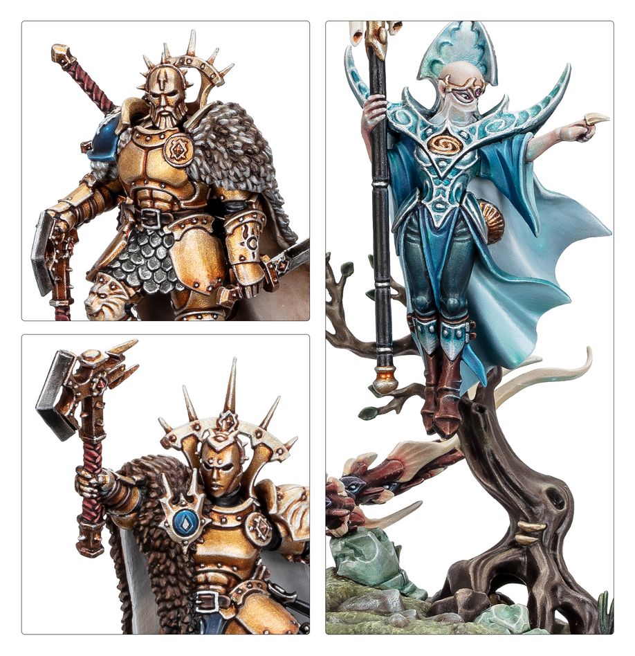 Close-ups of the Blacktalons leader's weapons and the robed mystic with staff
