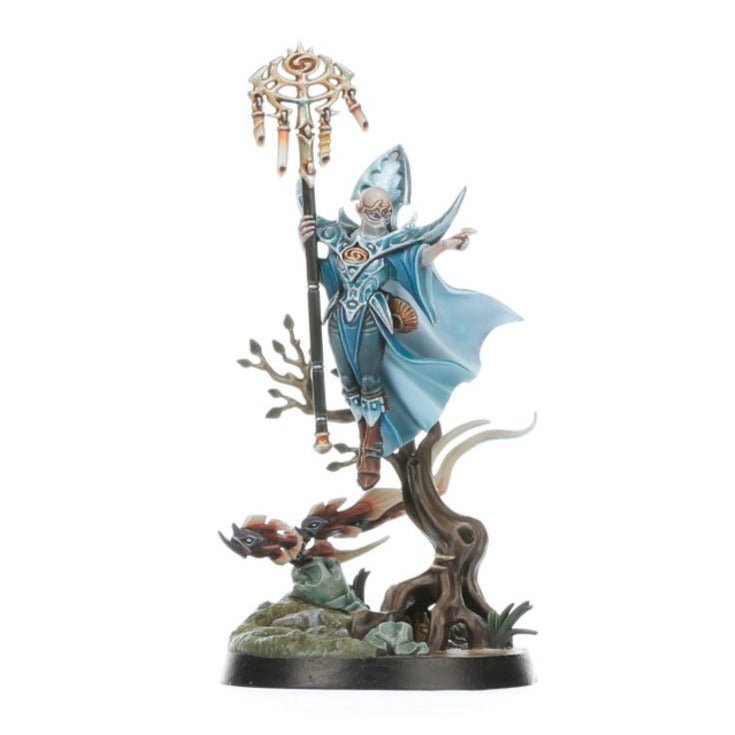 Painted Blacktalons mystic in pale blue robes on a tree-branch base with staff
