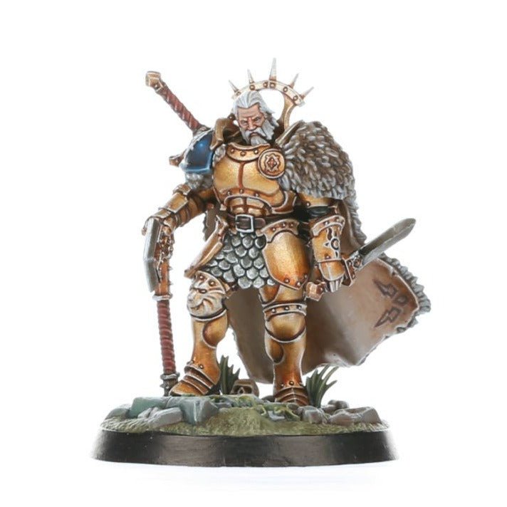 Painted grey-haired Blacktalons veteran in gold armour with shield and cloak