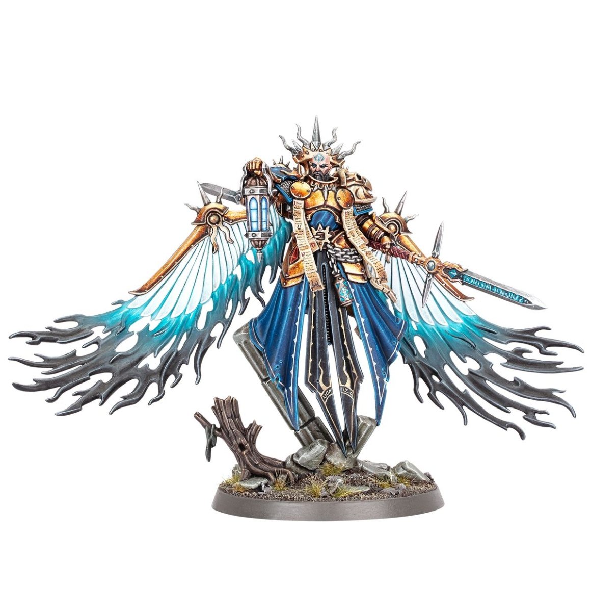 Painted Tornus the Redeemed with wings shading from blue to dark grey
