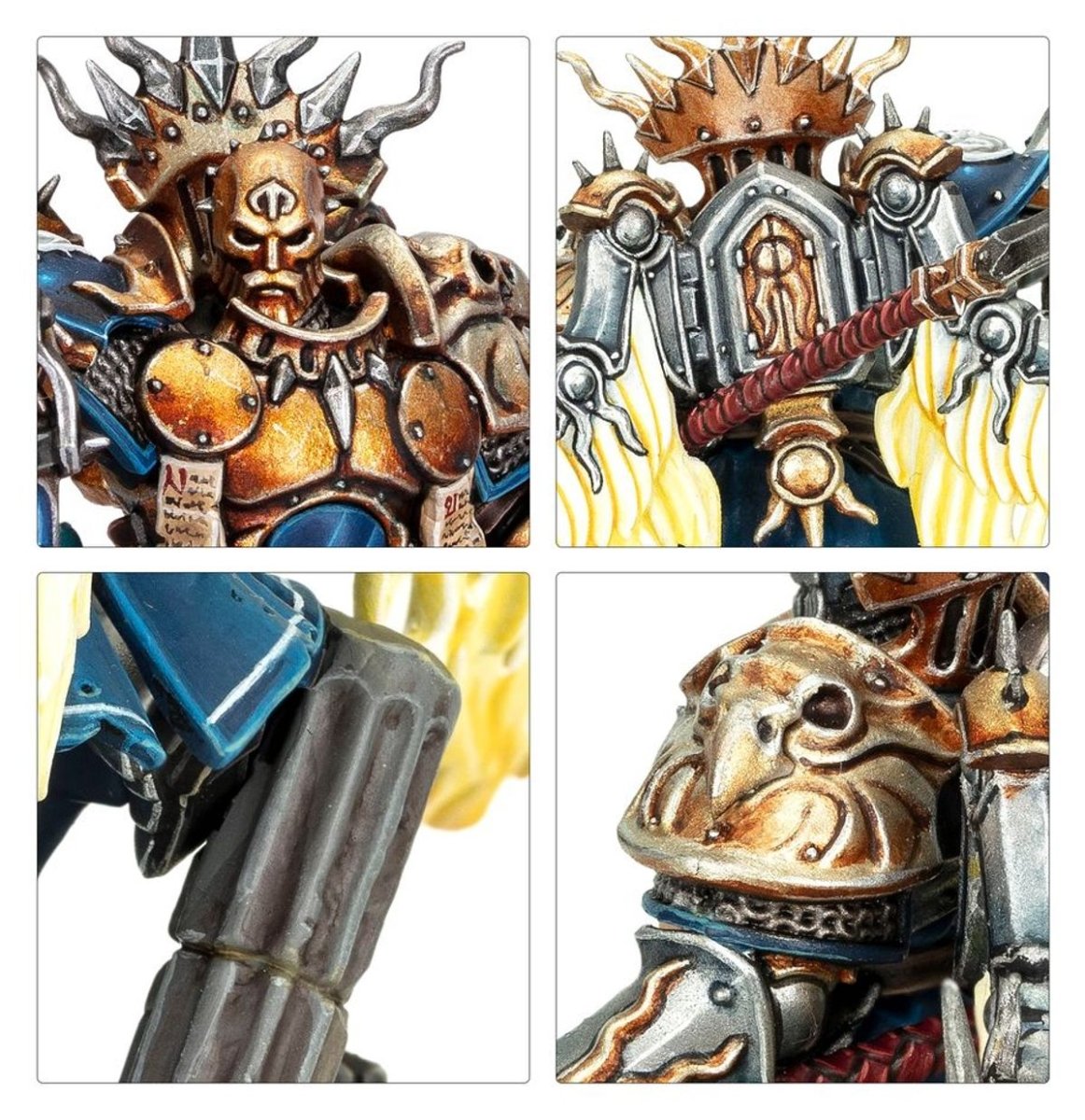Close-ups of Tornus's gold armour, backpack and weapon haft