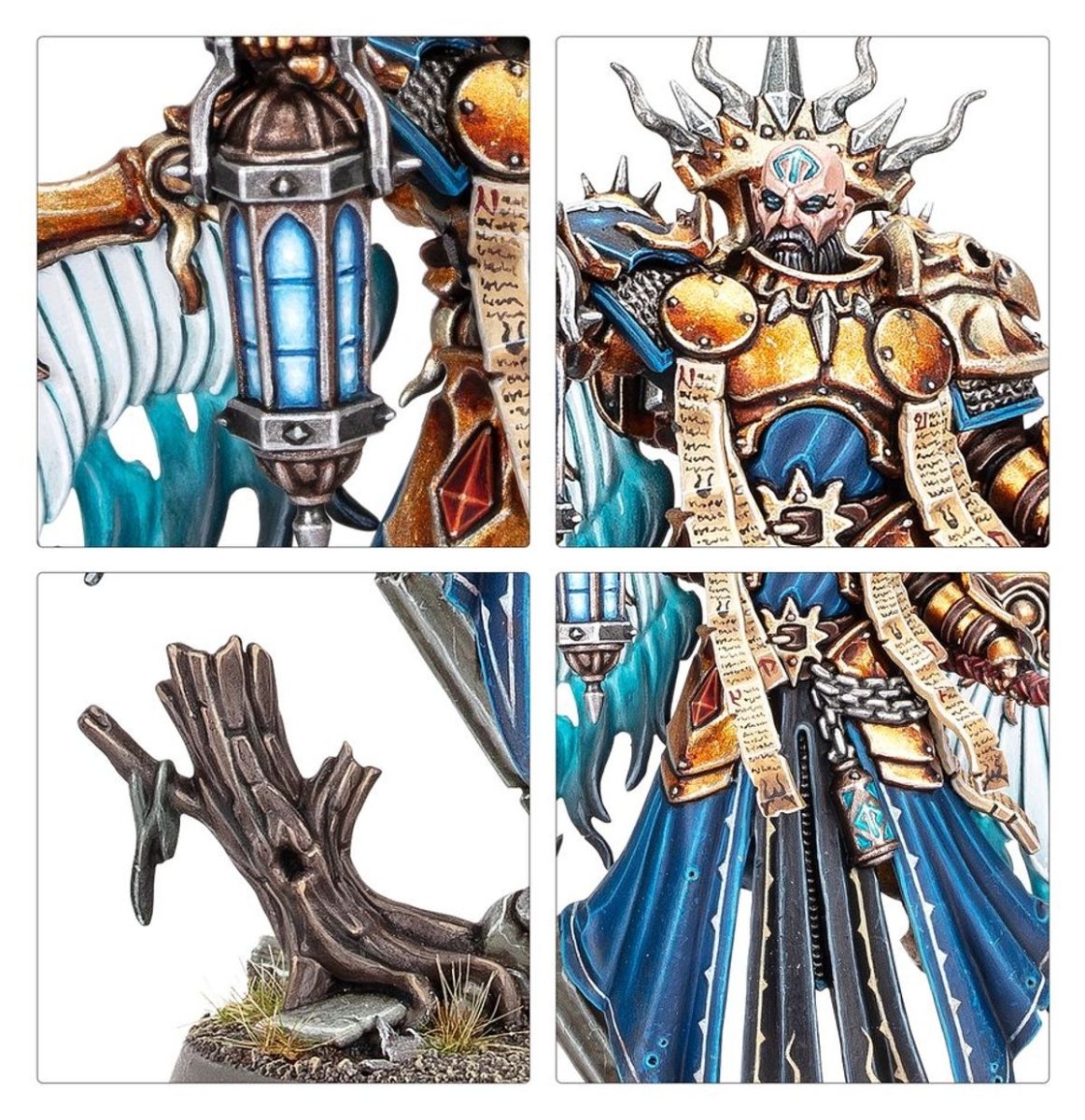 Close-ups of Tornus's lantern, face, dead tree base and blue robes