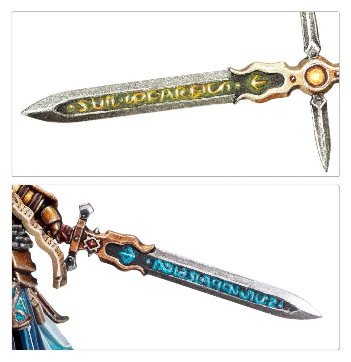 Close-ups of Tornus the Redeemed's rune-etched blade, two paint schemes
