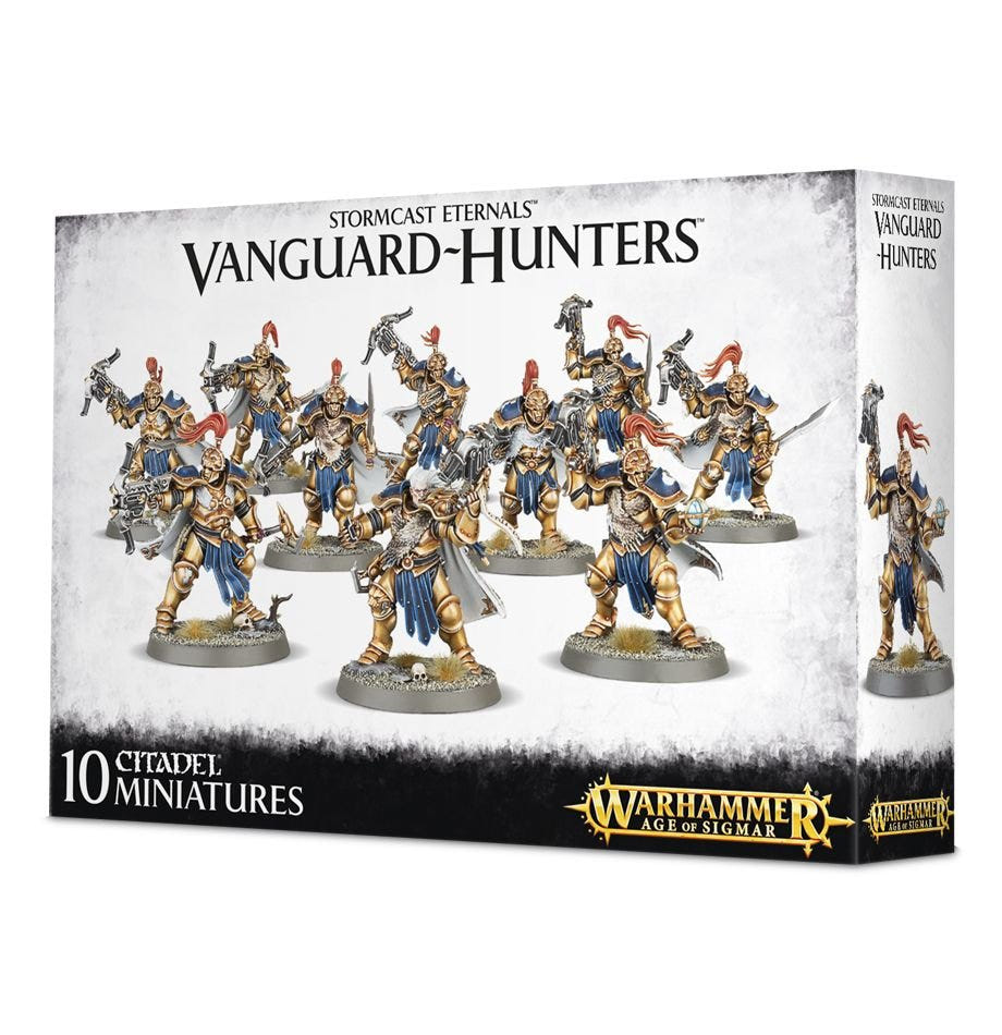 Games Workshop Stormcast Eternals Vanguard-Hunters box front, ten Citadel miniatures in gold armour