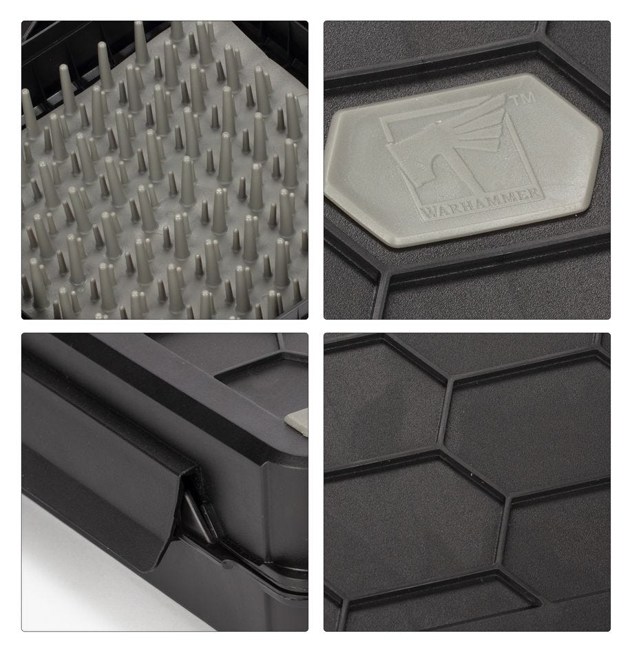 Stormvault Skirmish Case close-ups of the silicone bristles, lid badge and latch