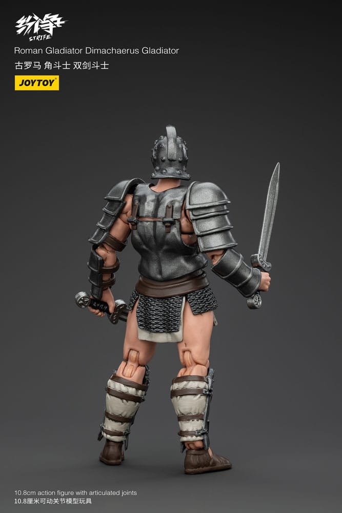 JoyToy Strife 1/18 Roman Dimachaerus Gladiator figure, rear view showing armour and leg wraps