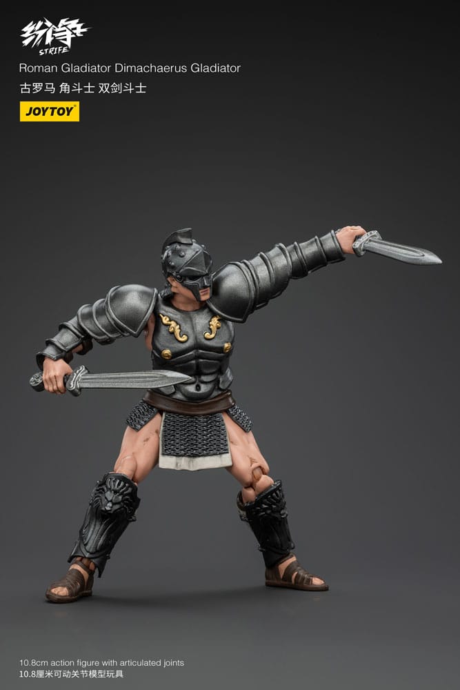 JoyToy Strife 1/18 Roman Dimachaerus Gladiator figure, arms outstretched with both swords