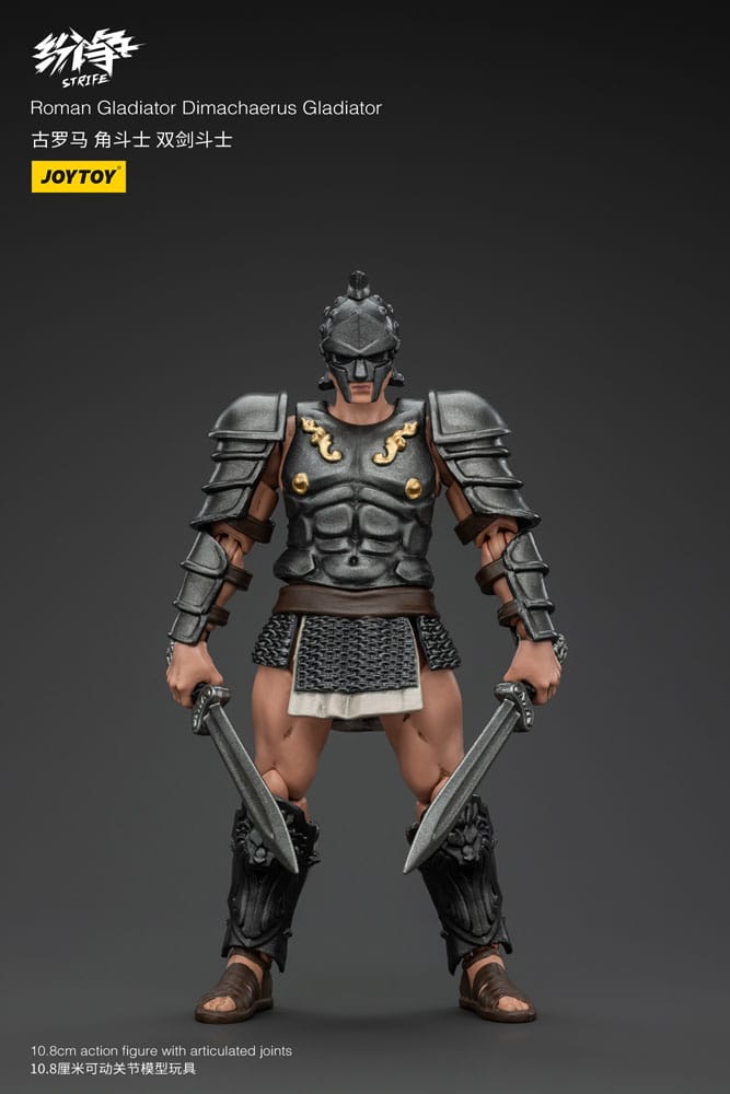 JoyToy Strife 1/18 Roman Dimachaerus Gladiator figure, front view with twin swords lowered