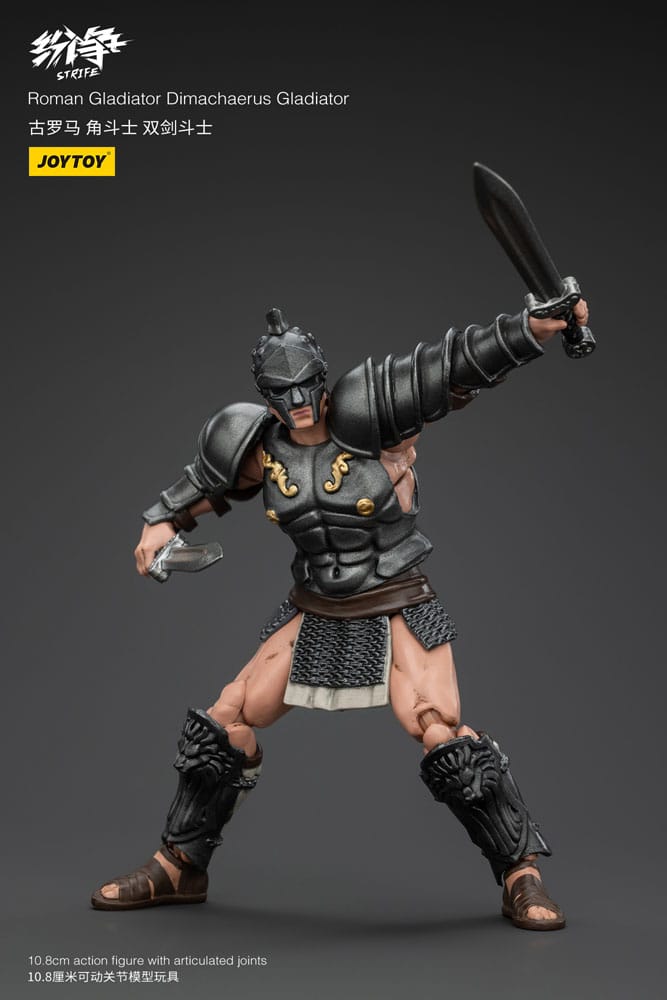 JoyToy Strife 1/18 Roman Dimachaerus Gladiator figure, wide stance with curved sword raised overhead