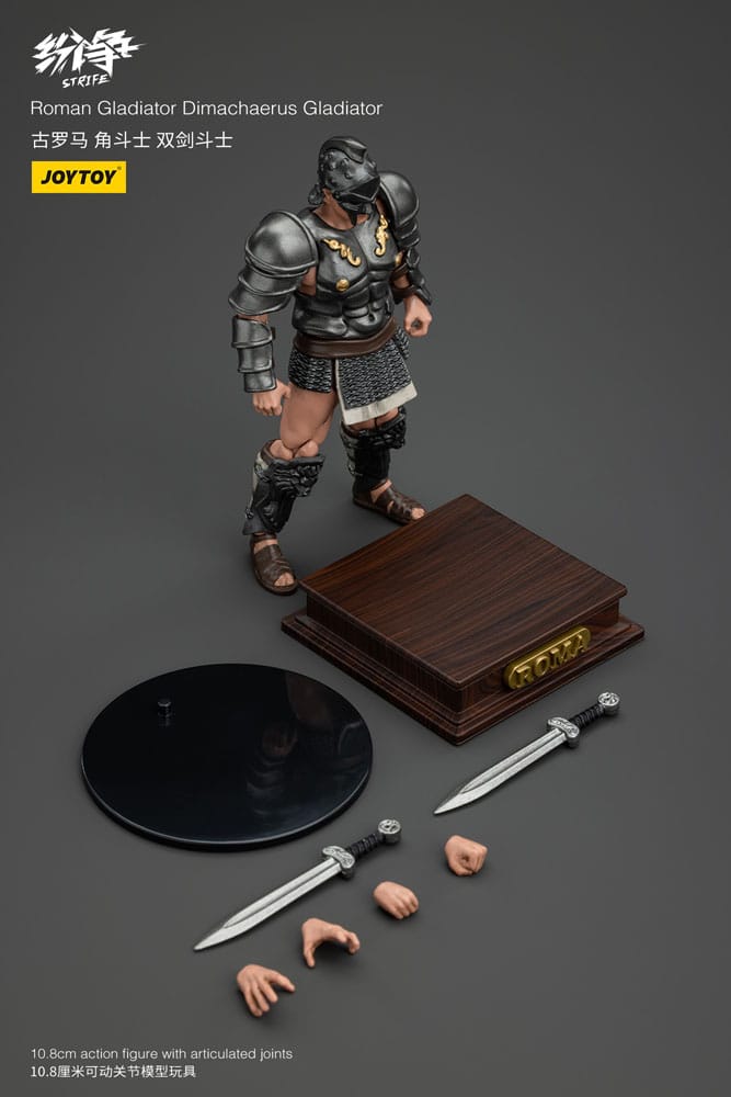 JoyToy Strife 1/18 Roman Dimachaerus Gladiator figure with wooden display base, stand, swords and hands