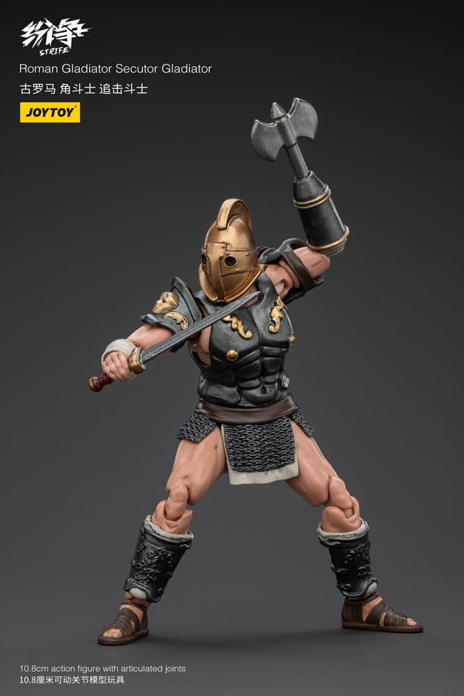 JoyToy Strife 1/18 Roman Secutor Gladiator figure, swinging double-headed axe attachment overhead