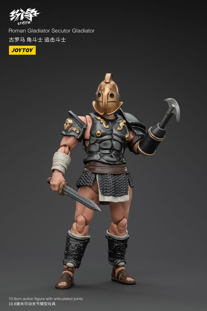 JoyToy Strife 1/18 Roman Secutor Gladiator figure, front view holding sword and raised blade arm