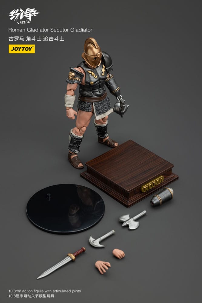 JoyToy Strife 1/18 Roman Secutor Gladiator figure with wooden display base, stand, arm weapons and hands