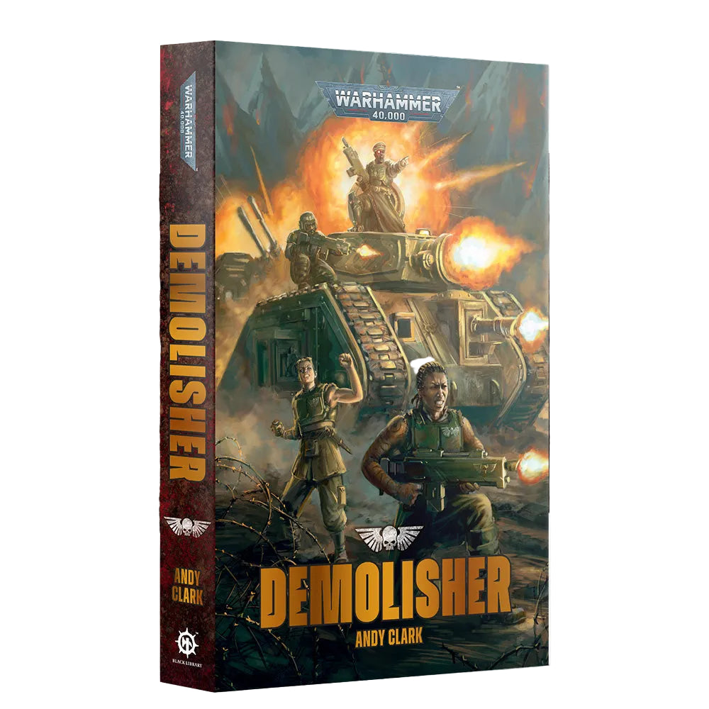 Warhammer 40k Demolisher tabletop gaming box by Andy Clark, featuring a detailed cover illustration of a demolisher tank with soldiers and explosions, shown on a white background with decorative brown textured side panels.