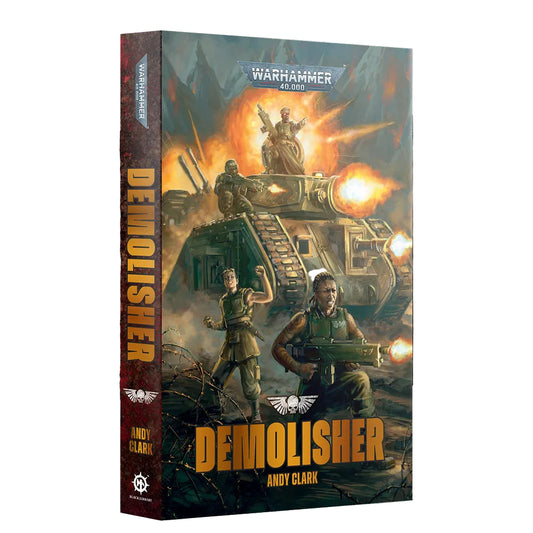 Warhammer 40k Demolisher tabletop gaming box by Andy Clark, featuring a detailed cover illustration of a demolisher tank with soldiers and explosions, shown on a white background with decorative brown textured side panels.