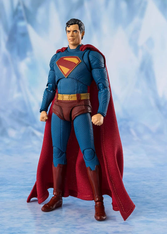 Superman 2025 S.H.Figuarts Superman action figure in blue suit and red cape on an icy backdrop