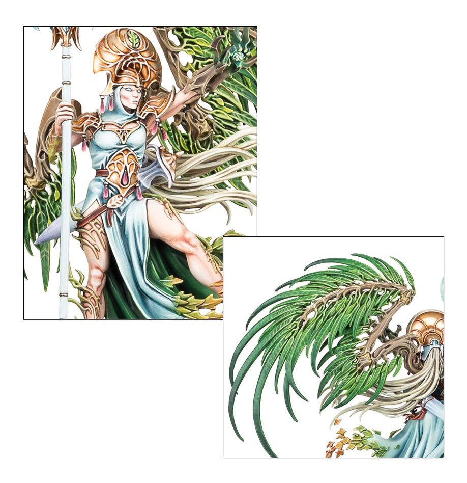 Close-ups of Alarielle the Everqueen: her pale armoured form, spear and green leaf wings
