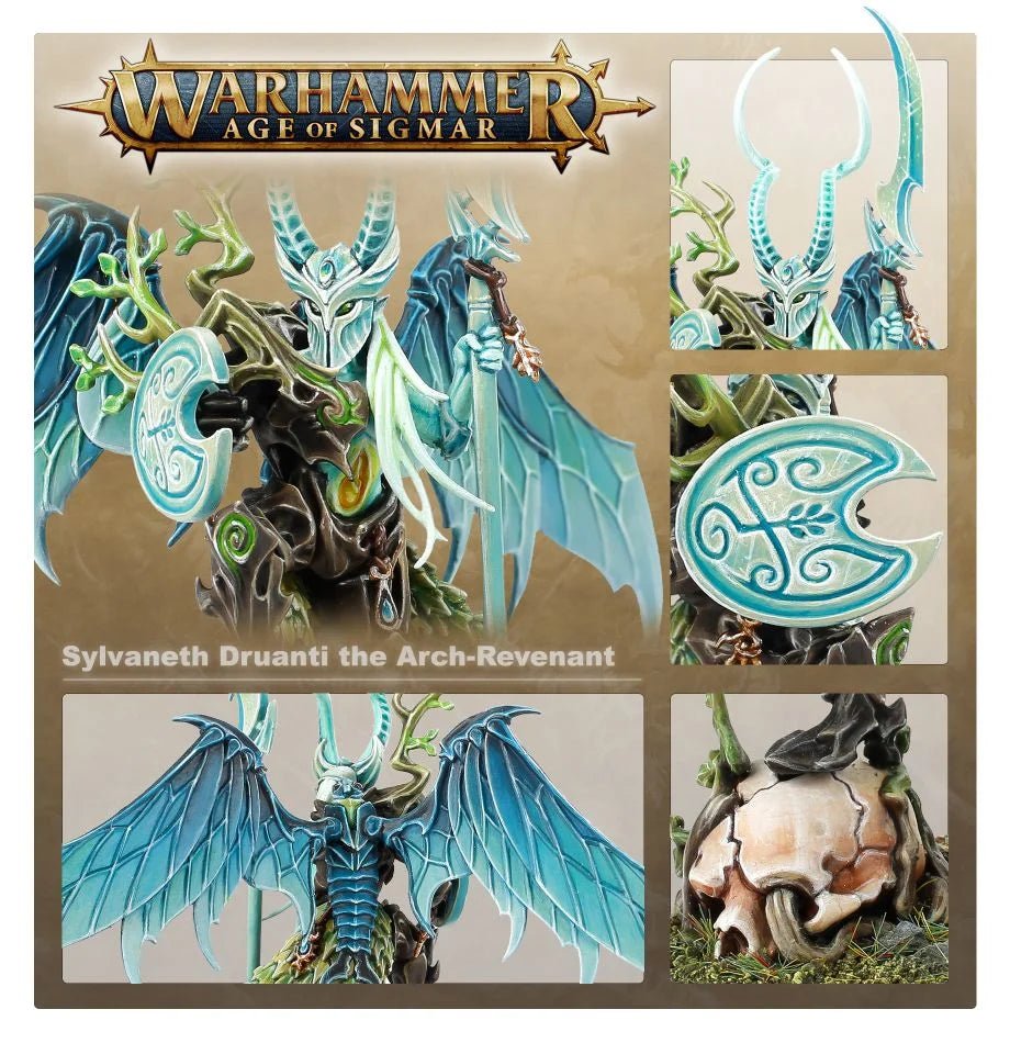 Games Workshop Sylvaneth Arch-Revenant promo panel with close-ups of wings, shield and skull base