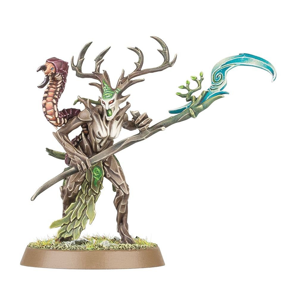 Painted Sylvaneth tree spirit with antlers and a glowing green scythe from The Twisted Branch