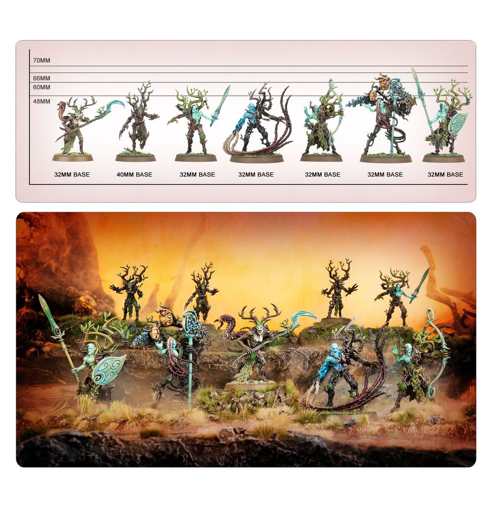 The Twisted Branch size and base guide above painted Sylvaneth in a battle scene