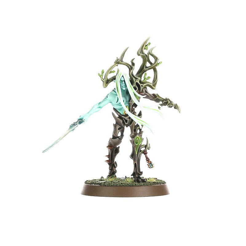 Painted Sylvaneth Tree-Revenant lunging forward with a long curved glaive, bark and teal detail