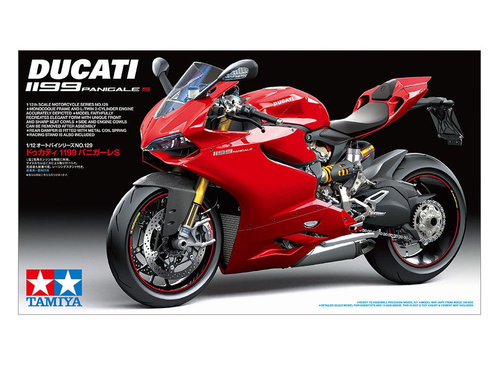 Tamiya 1/12 Ducati 1199 Panigale S kit, box art showing the red superbike, side view