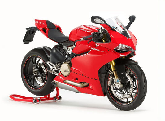 Tamiya 1/12 Ducati 1199 Panigale S kit, built model in red on rear paddock stand, front view