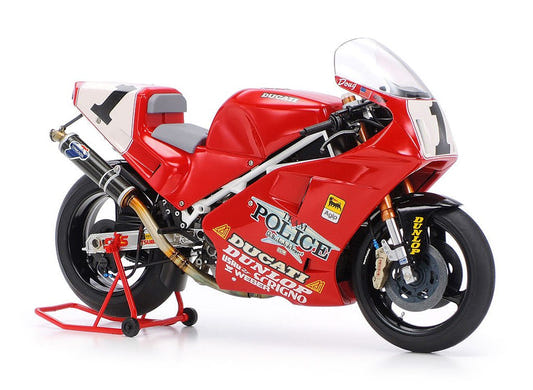 Tamiya 1/12 Ducati 888 Superbike Racer kit, built model in red race livery number 1 on paddock stand
