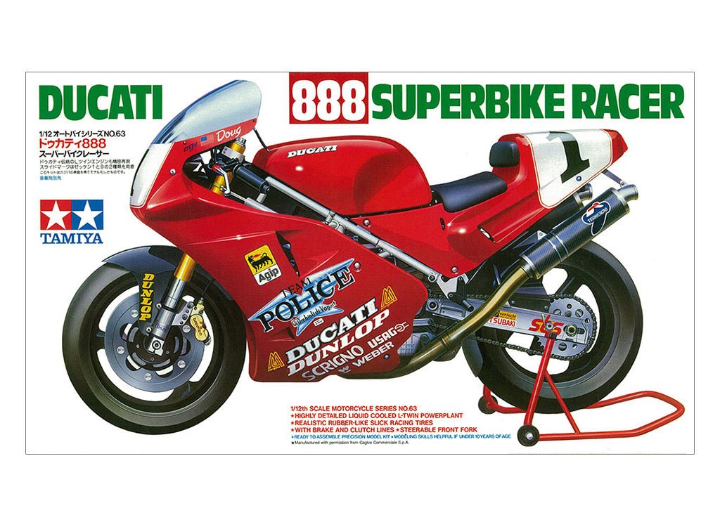Tamiya 1/12 Ducati 888 Superbike Racer kit, box art showing the red race bike, side view