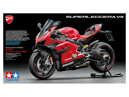 Tamiya 1/12 Ducati Superleggera V4 kit, box art showing the red and black bike on a paddock stand