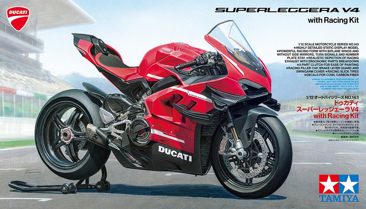 Tamiya 1/12 Ducati Superleggera V4 with Racing Kit, box art showing the bike on a race track