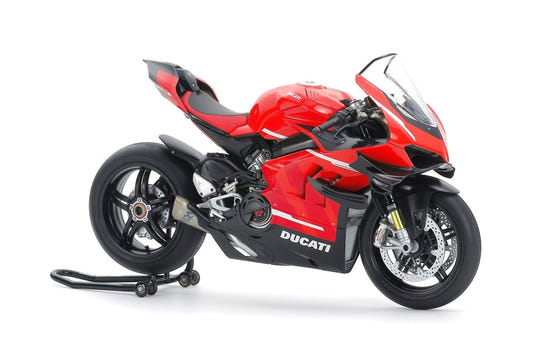 Tamiya 1/12 Ducati Superleggera V4 kit, built model in red and black on paddock stand, front view