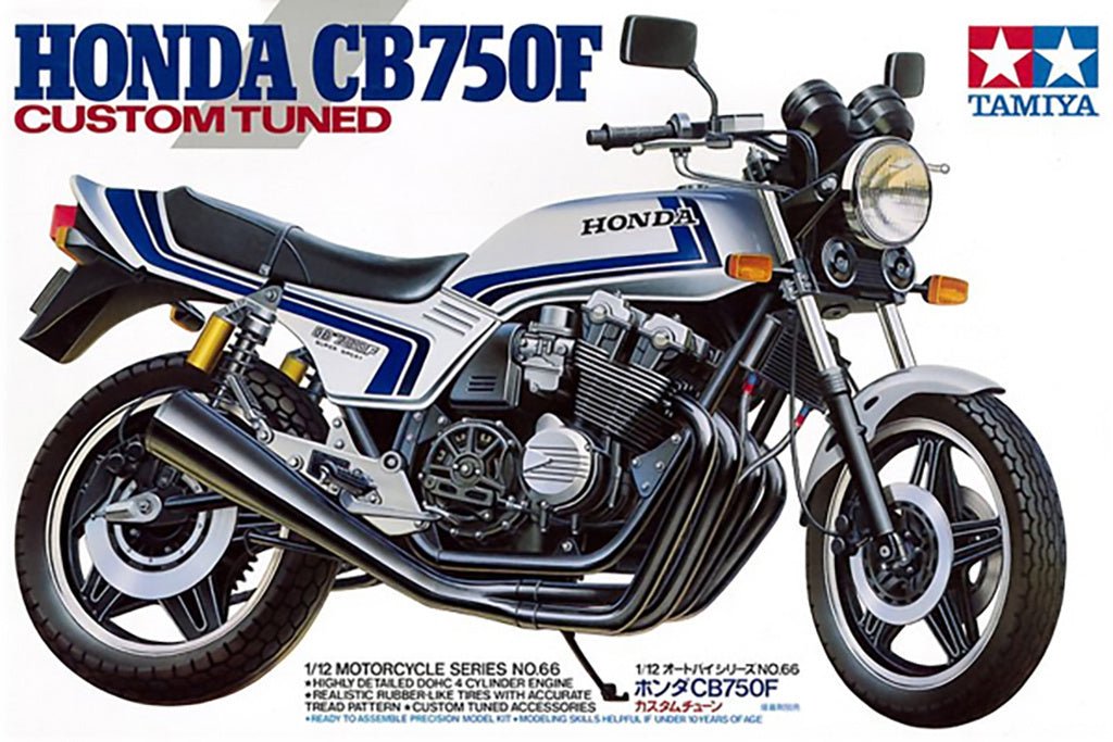 Tamiya 1/12 Honda CB750F Custom Tuned kit, box art showing the white and blue bike, side view