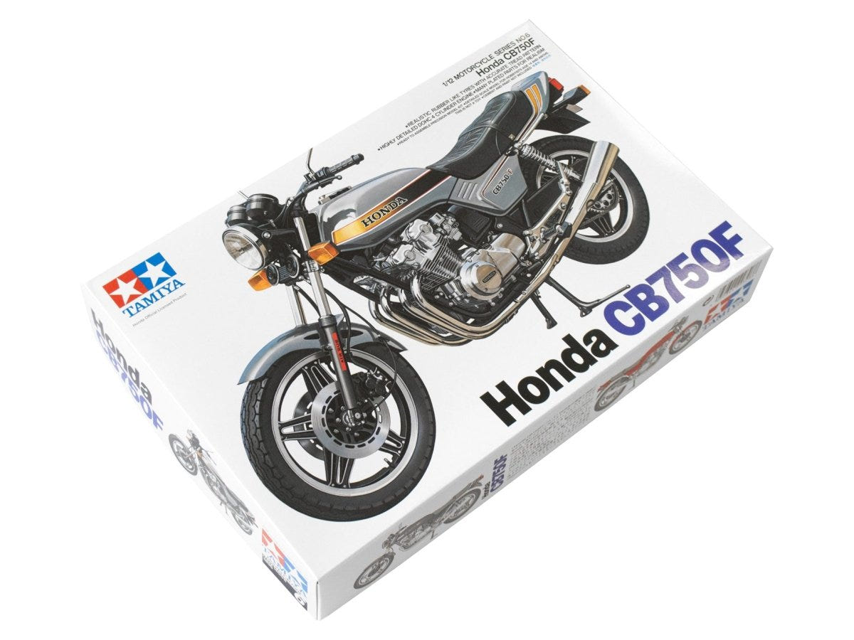 Tamiya 1/12 Honda CB750F kit, the kit box shown at an angle, front of box