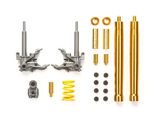 Tamiya 1/12 Honda RC213V 2014 Front Fork Set, metal fork parts, gold tubes and springs laid out