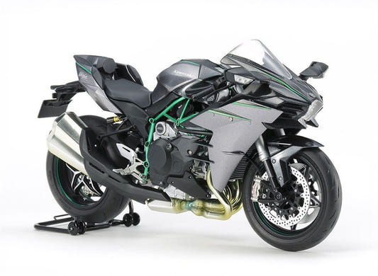 Tamiya 1/12 Kawasaki Ninja H2 Carbon kit, built model in black and silver on paddock stand, front view