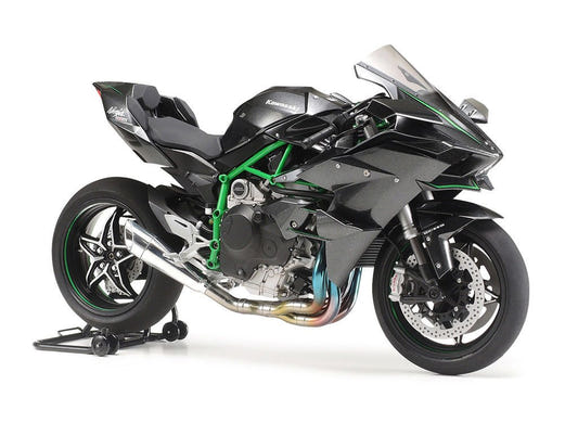 Tamiya 1/12 Kawasaki Ninja H2R kit, built model in black on paddock stand, front three-quarter view
