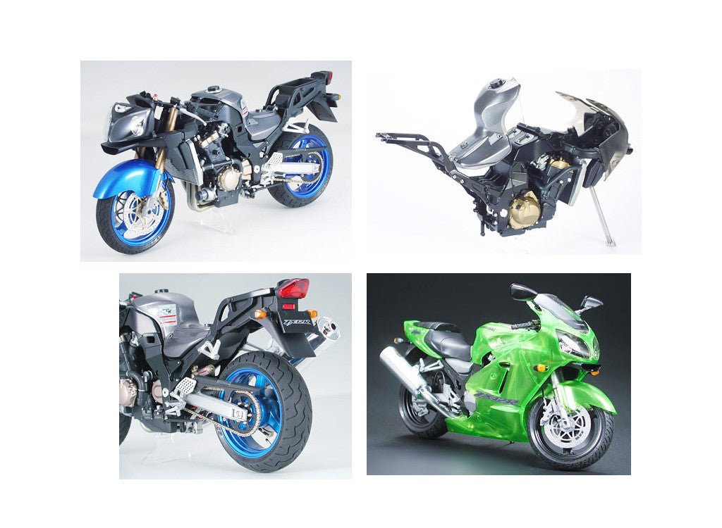 Tamiya 1/12 Kawasaki Ninja ZX-12R kit, collage of four builds including blue, unfaired and green versions